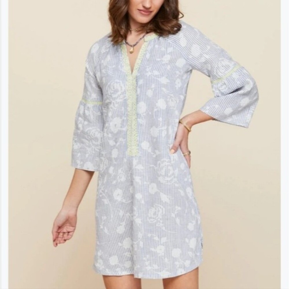 SPARTINA 449 Blue White Striped Linen Tunic Dress XS Embroidered Trim Coastal